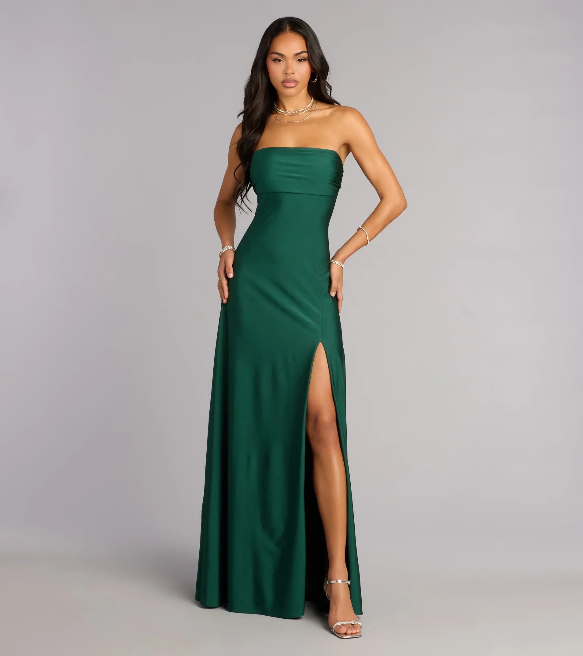 Emerald Green Satin Strapless Side Ruched High Slit Floor Length Wedding Guest Dress