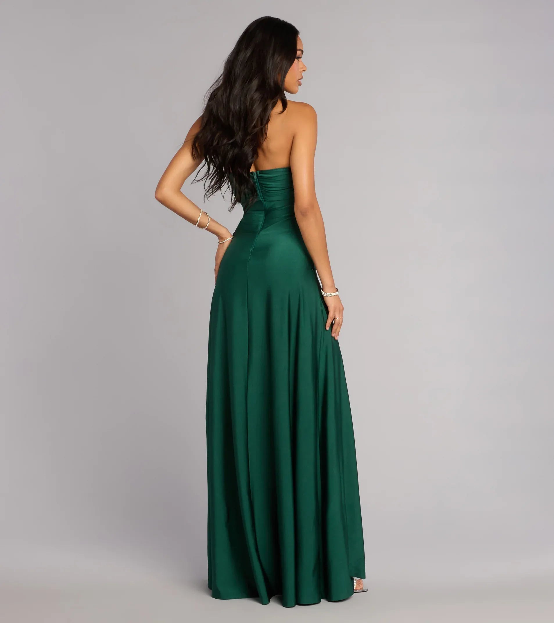 Emerald Green Satin Strapless Side Ruched High Slit Floor Length Wedding Guest Dress