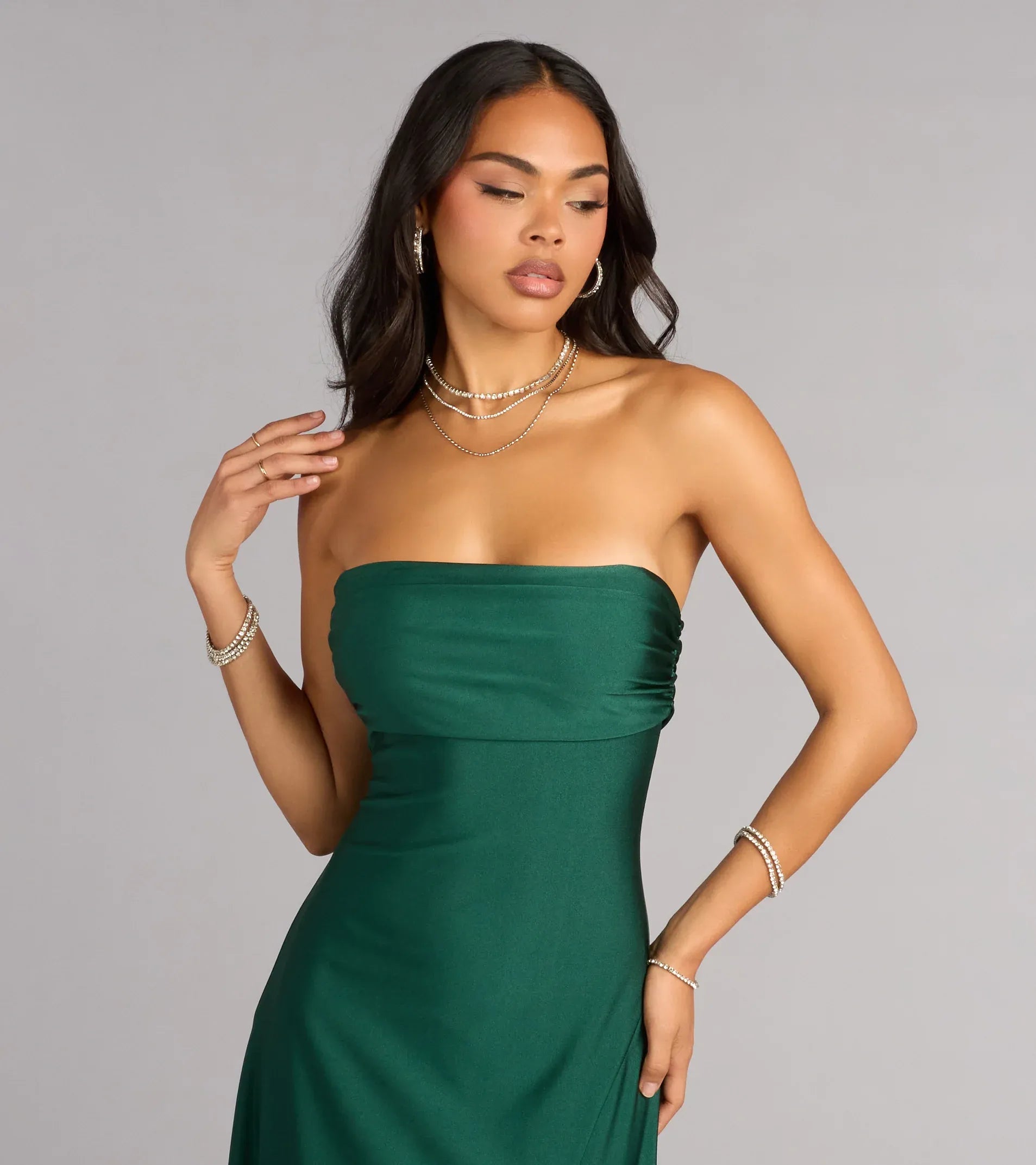 Emerald Green Satin Strapless Side Ruched High Slit Floor Length Wedding Guest Dress