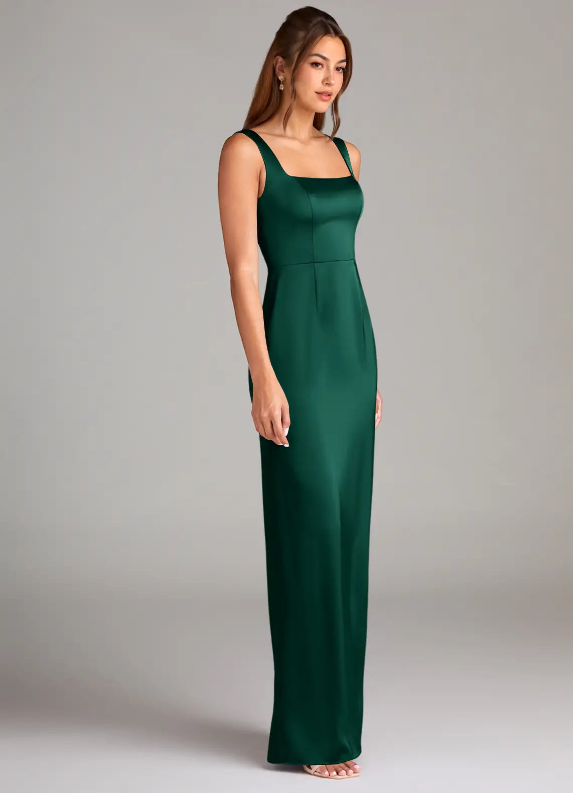 Emerald Green Square Wide Strap Cutout Back Slit Mermaid Maxi Satin Bridesmaid Dress