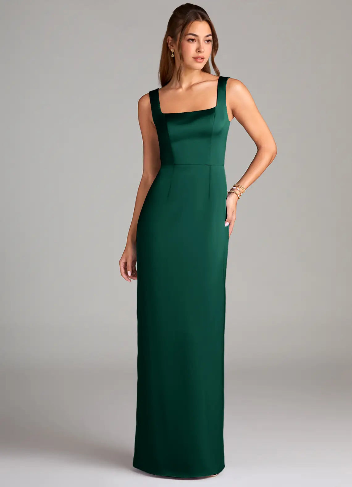 Emerald Green Square Wide Strap Cutout Back Slit Mermaid Maxi Satin Bridesmaid Dress