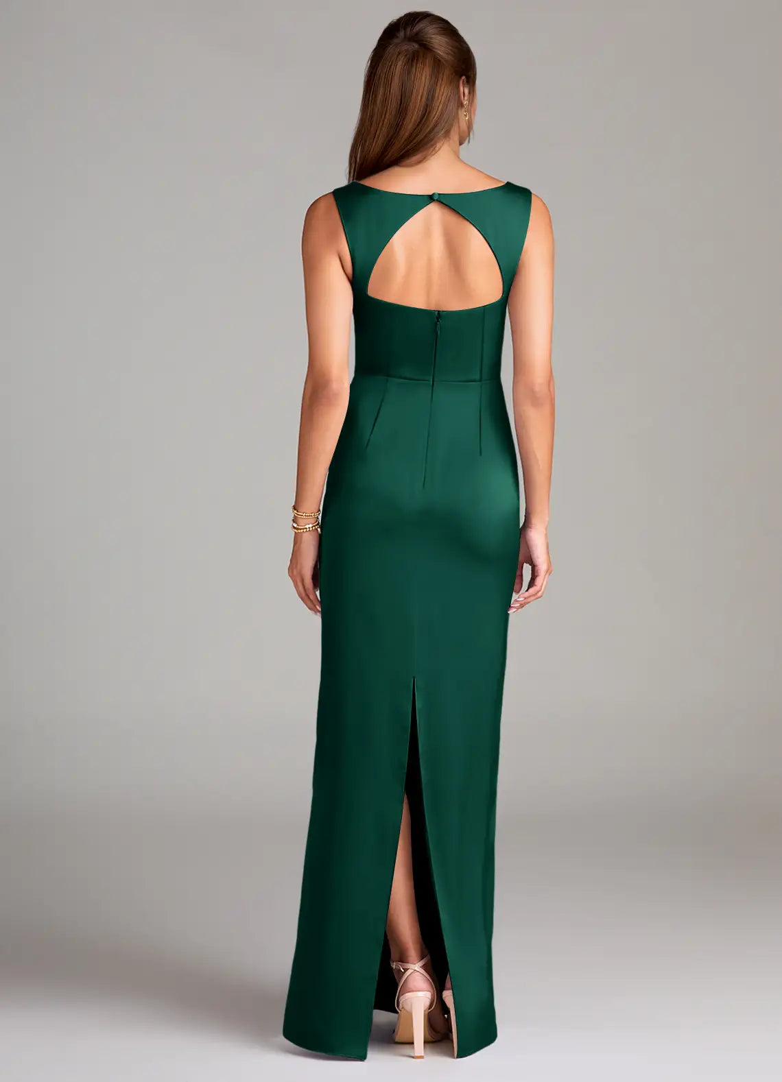 Emerald Green Square Wide Strap Cutout Back Slit Mermaid Maxi Satin Bridesmaid Dress