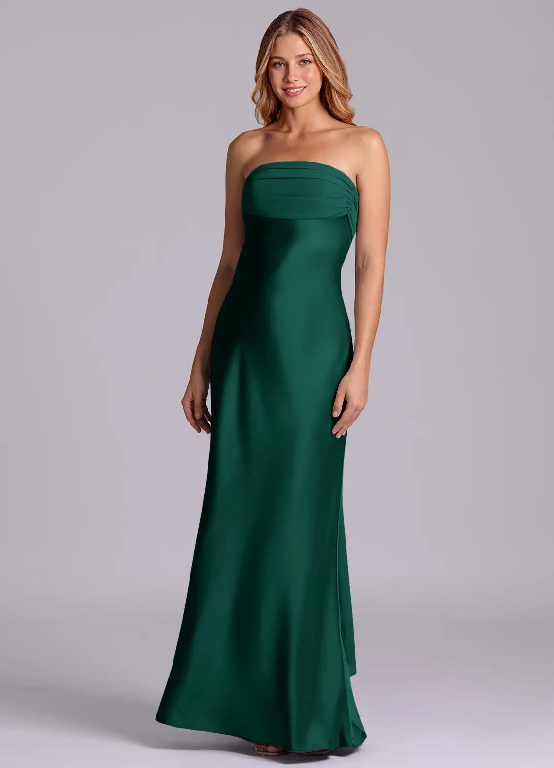 Emerald Green Strapless Ruched Back Bow Mermaid Maxi Satin Bridesmaid Dress