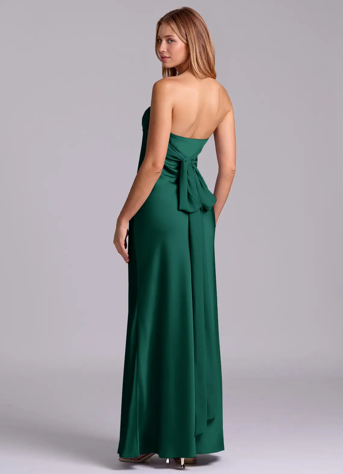Emerald Green Strapless Ruched Back Bow Mermaid Maxi Satin Bridesmaid Dress
