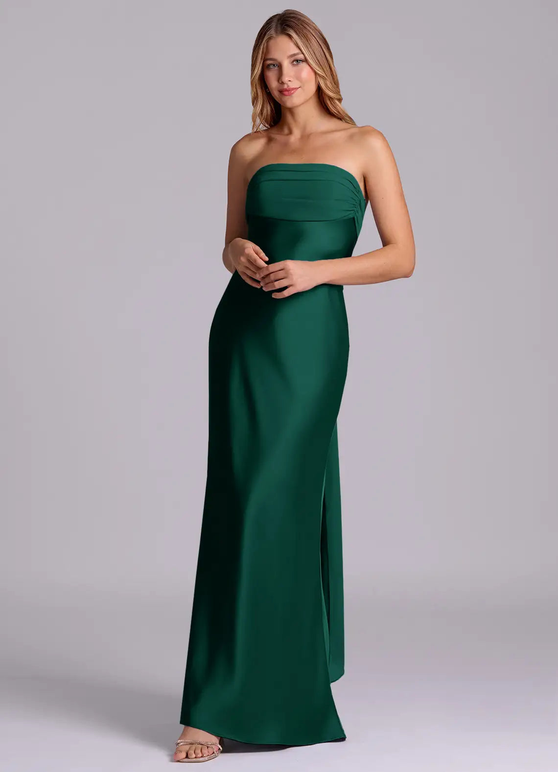Emerald Green Strapless Ruched Back Bow Mermaid Maxi Satin Bridesmaid Dress