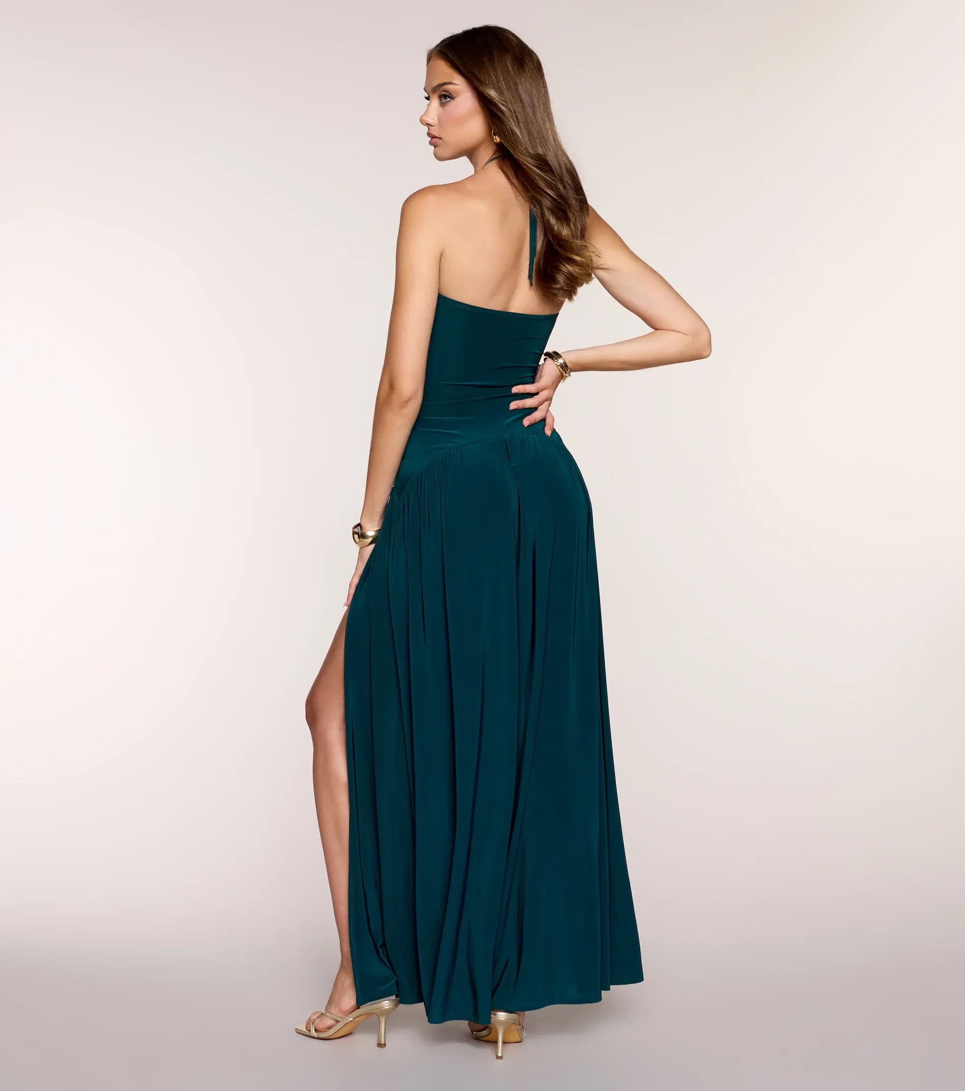 Emerald Hardware Halter Keyhole Ruched High Slit Flowy Jersey Maxi Wedding Guest Dress