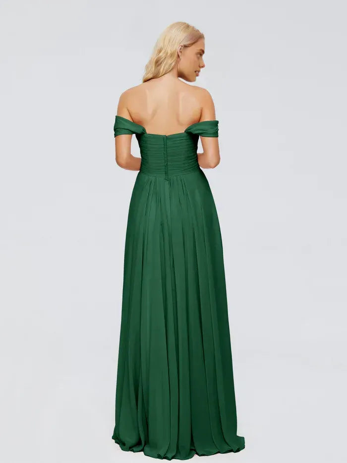 Emerald Off The Shoulder Ruched Sweetheart Floor Length A Line Chiffon Bridesmaid Dress