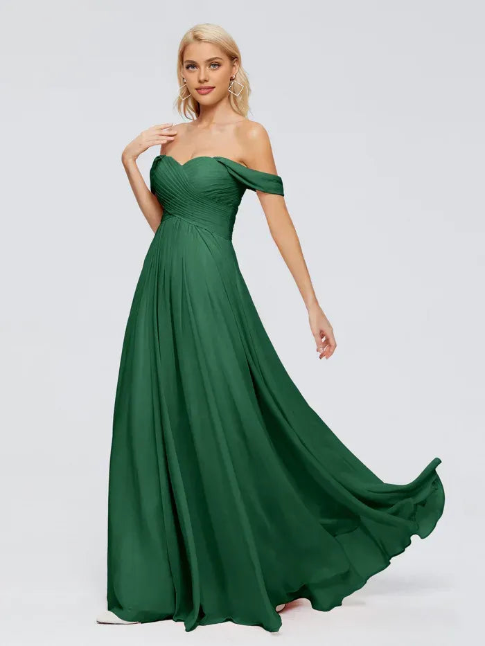 Emerald Off The Shoulder Ruched Sweetheart Floor Length A Line Chiffon Bridesmaid Dress