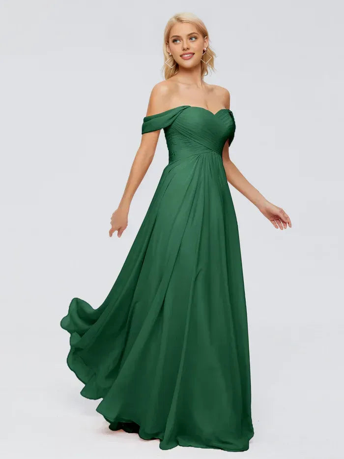 Emerald Off The Shoulder Ruched Sweetheart Floor Length A Line Chiffon Bridesmaid Dress