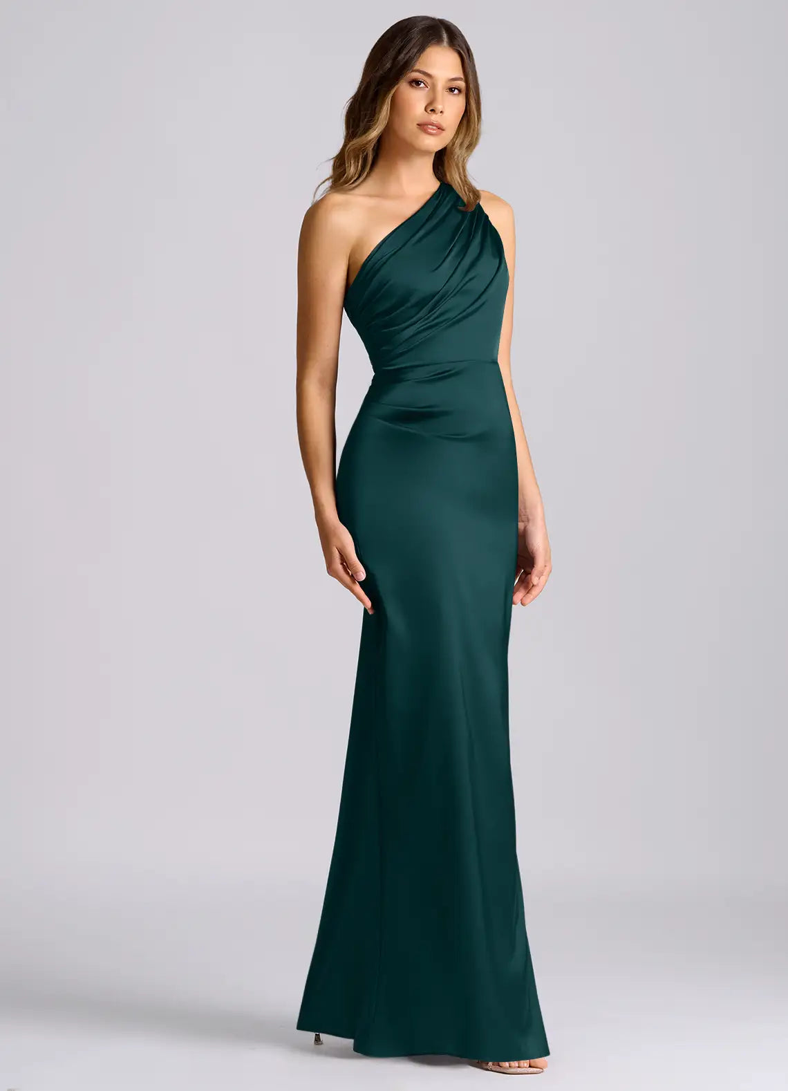 Emerald One Shoulder Draped Ruched Mermaid Satin Maxi Bridesmaid Dress