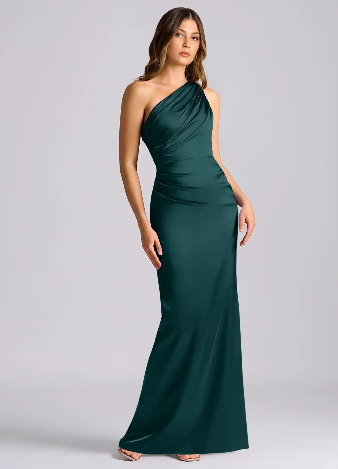 Emerald One Shoulder Draped Ruched Mermaid Satin Maxi Bridesmaid Dress