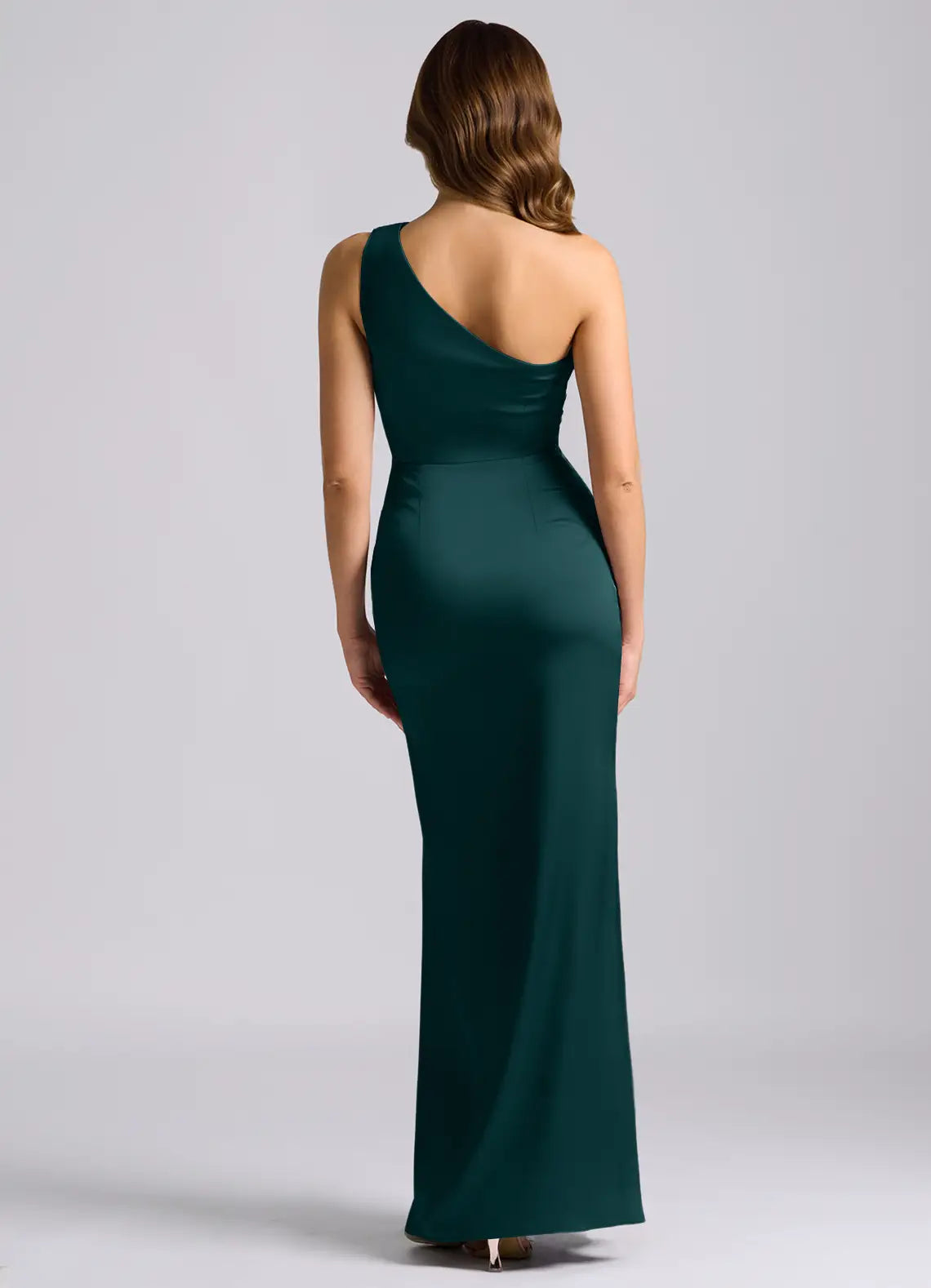 Emerald One Shoulder Draped Ruched Mermaid Satin Maxi Bridesmaid Dress