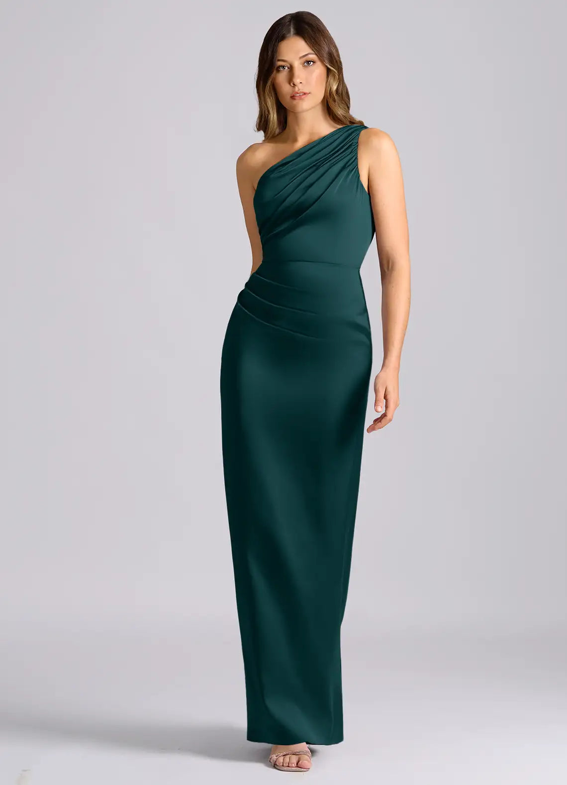 Emerald One Shoulder Draped Ruched Mermaid Satin Maxi Bridesmaid Dress