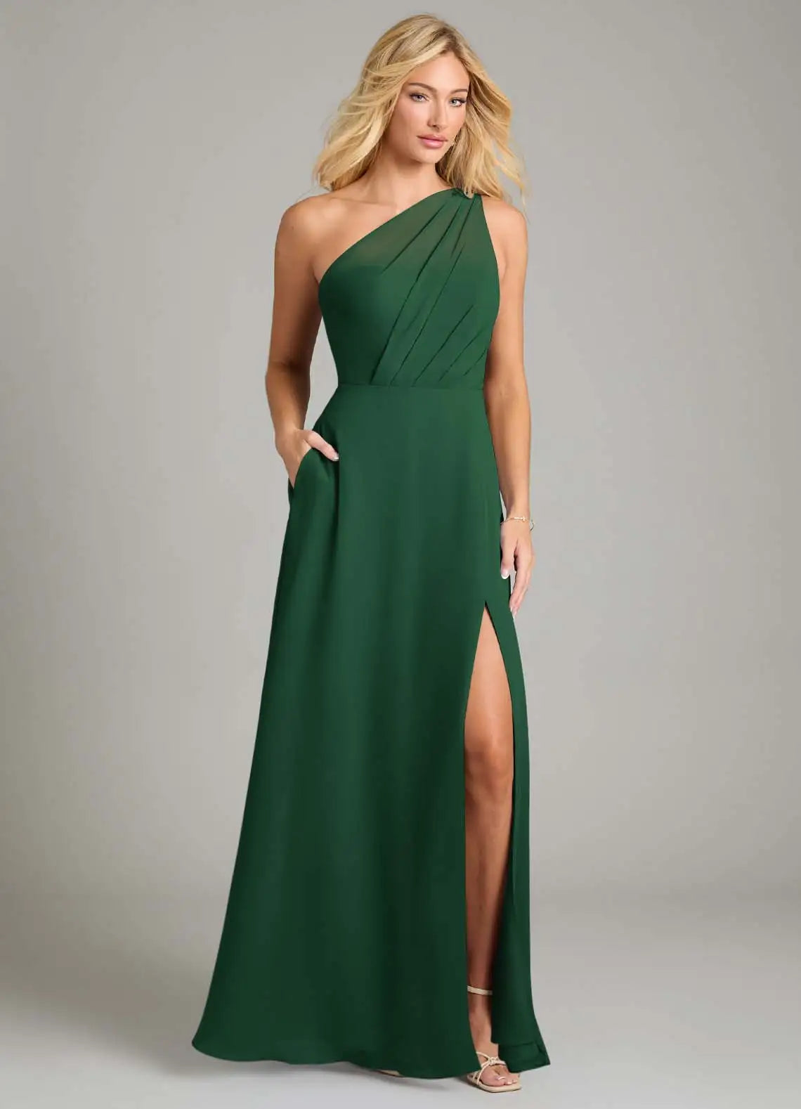 Emerald One Shoulder Ruched High Slit A Line Chiffon Maxi Bridesmaid Dress