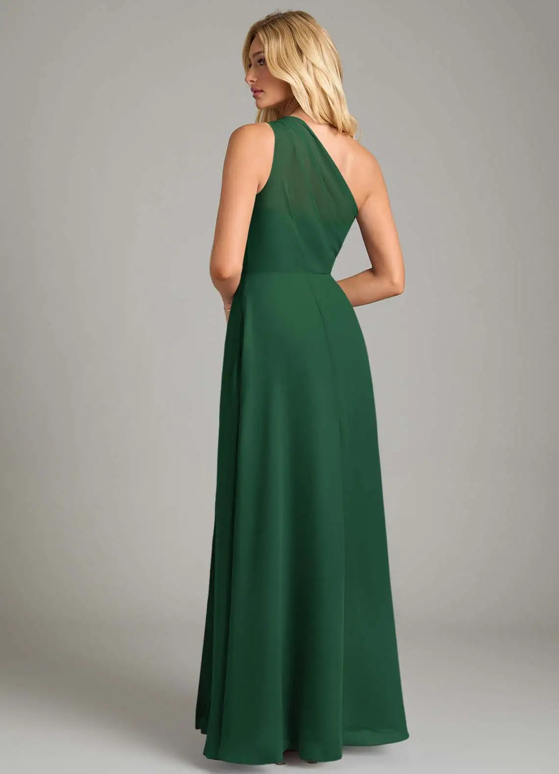 Emerald One Shoulder Ruched High Slit A Line Chiffon Maxi Bridesmaid Dress