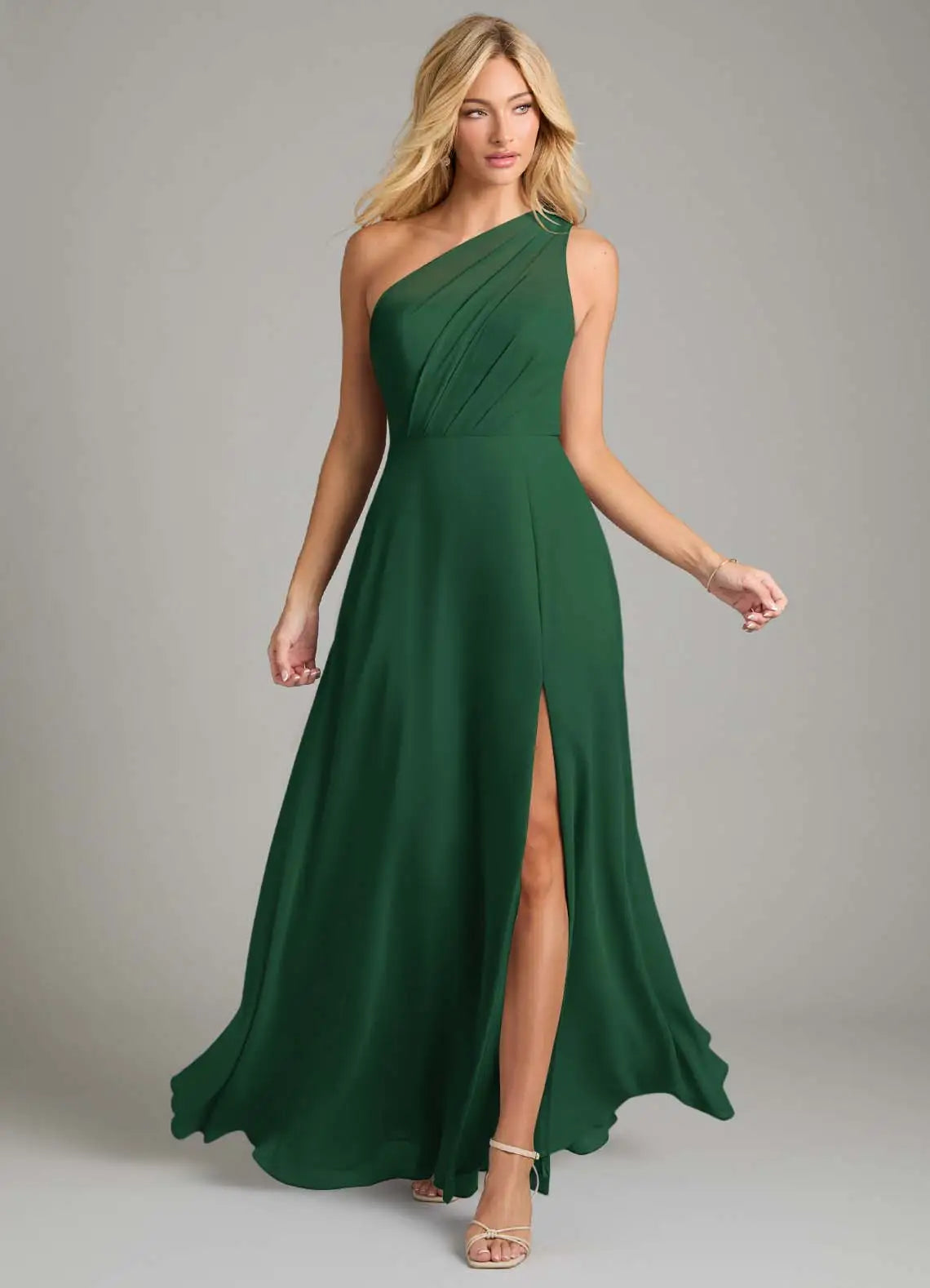 Emerald One Shoulder Ruched High Slit A Line Chiffon Maxi Bridesmaid Dress