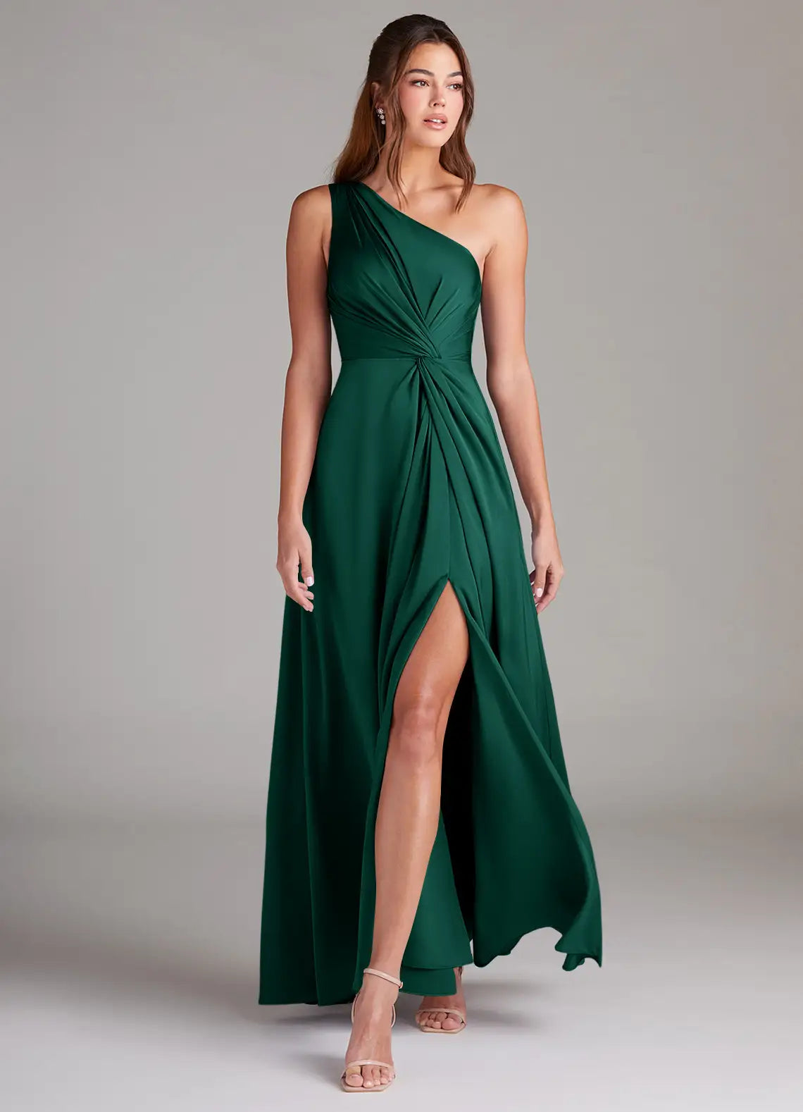 Emerald One Shoulder Twist Waist High Slit Satin Maxi Bridesmaid Dress