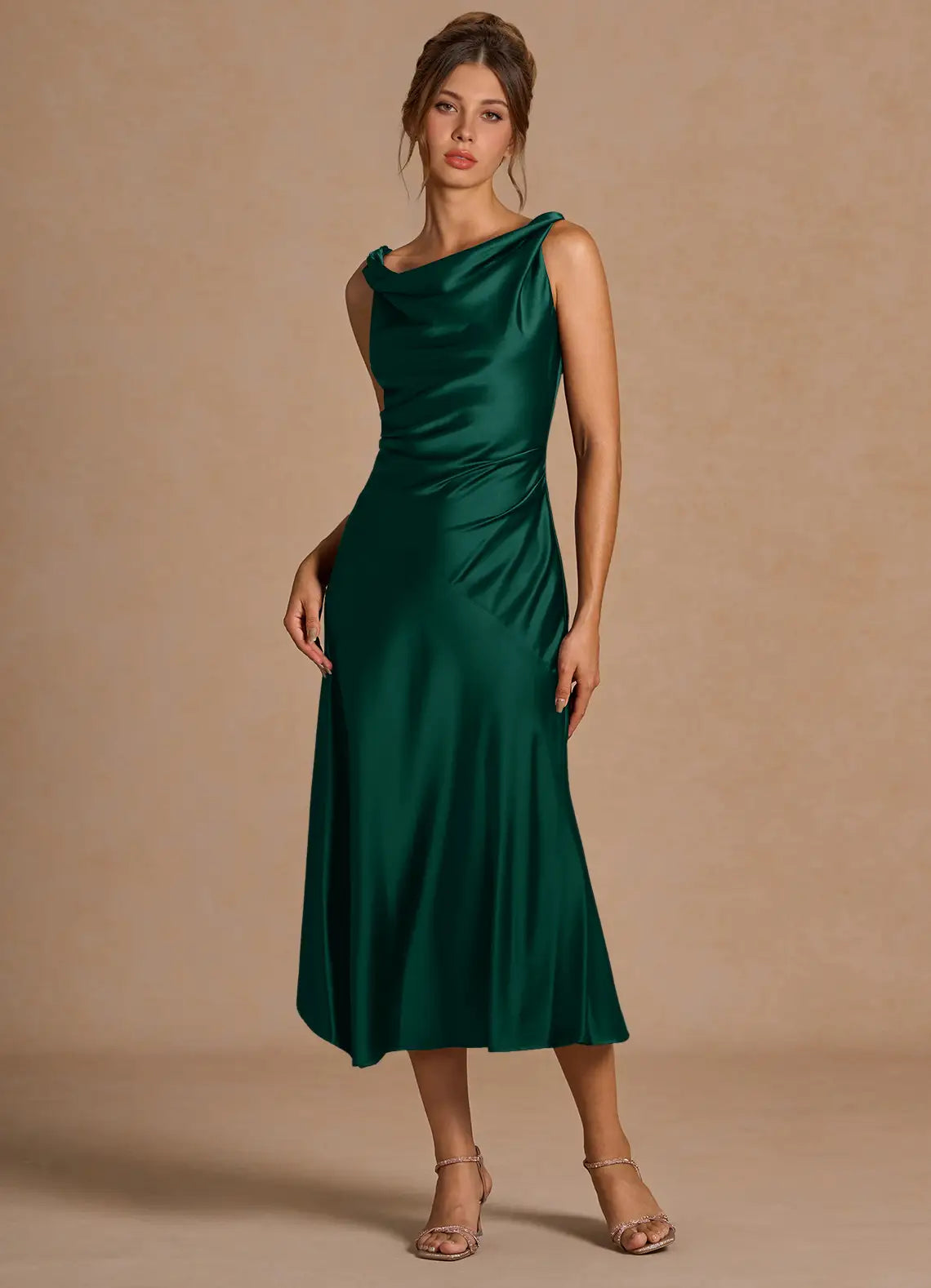Emerald Satin Cowl Neck Side Ruched Asymmetric Midi Wedding Guest Dress