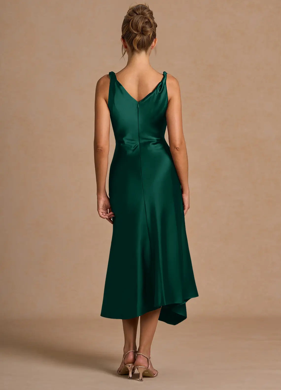 Emerald Satin Cowl Neck Side Ruched Asymmetric Midi Wedding Guest Dress