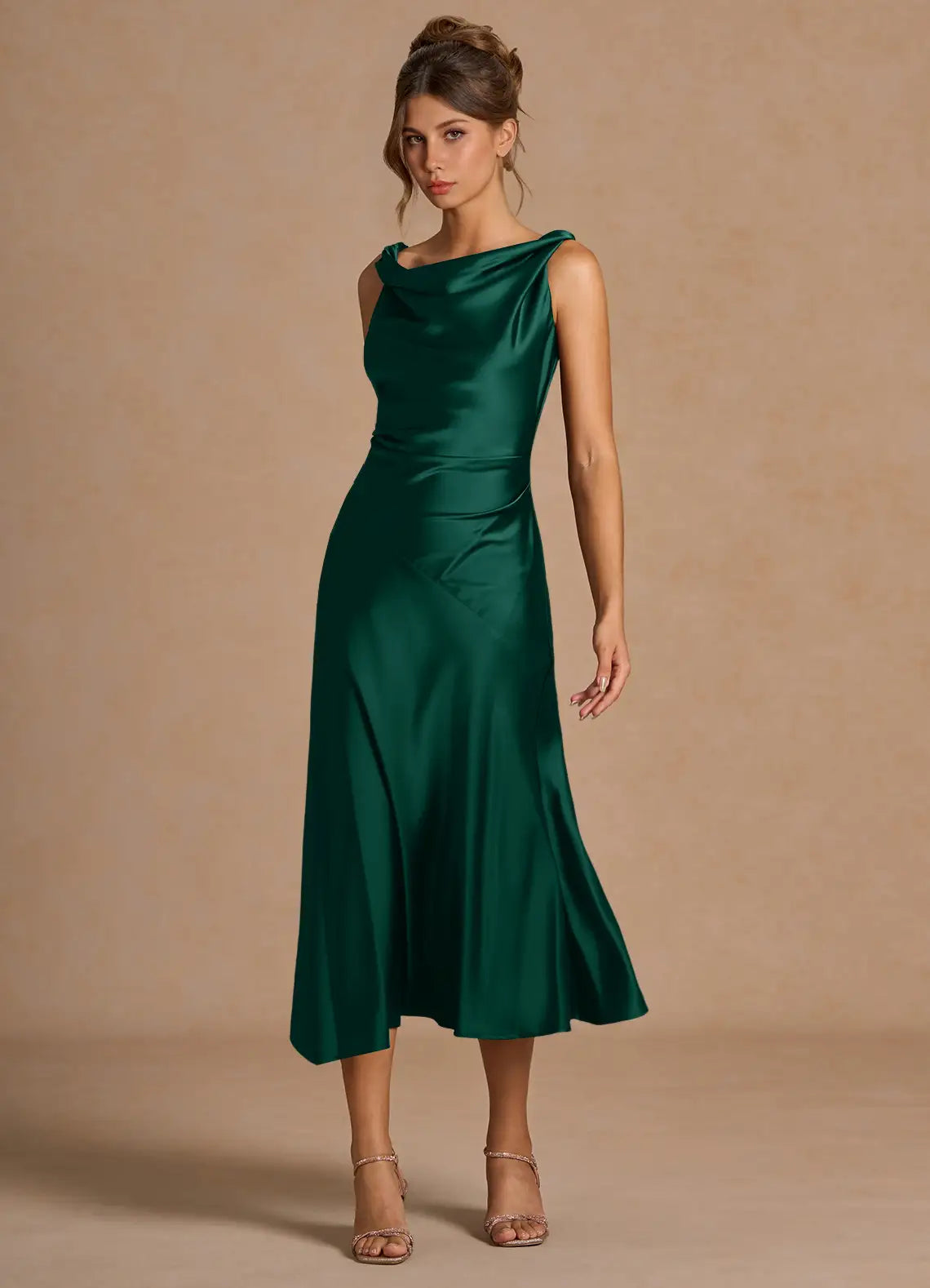 Emerald Satin Cowl Neck Side Ruched Asymmetric Midi Wedding Guest Dress