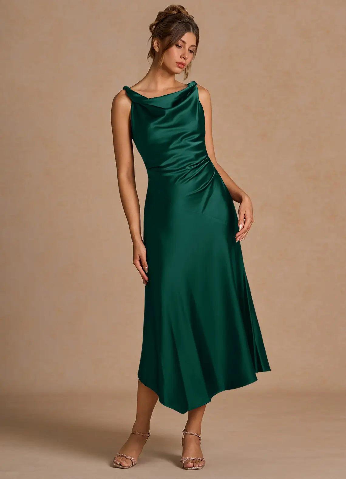 Emerald Satin Cowl Neck Side Ruched Asymmetric Midi Wedding Guest Dress