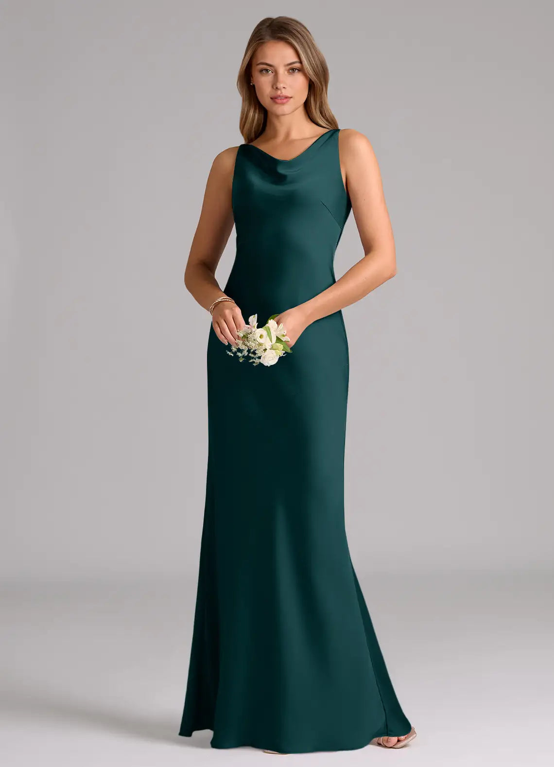 Emerald Sleeveless Cowl Neck Fitted Mermaid Maxi Satin Bridesmaid Dress