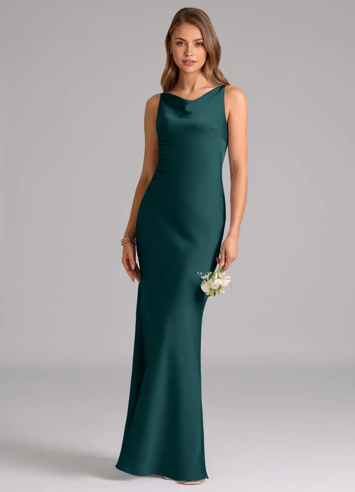 Emerald Sleeveless Cowl Neck Fitted Mermaid Maxi Satin Bridesmaid Dress
