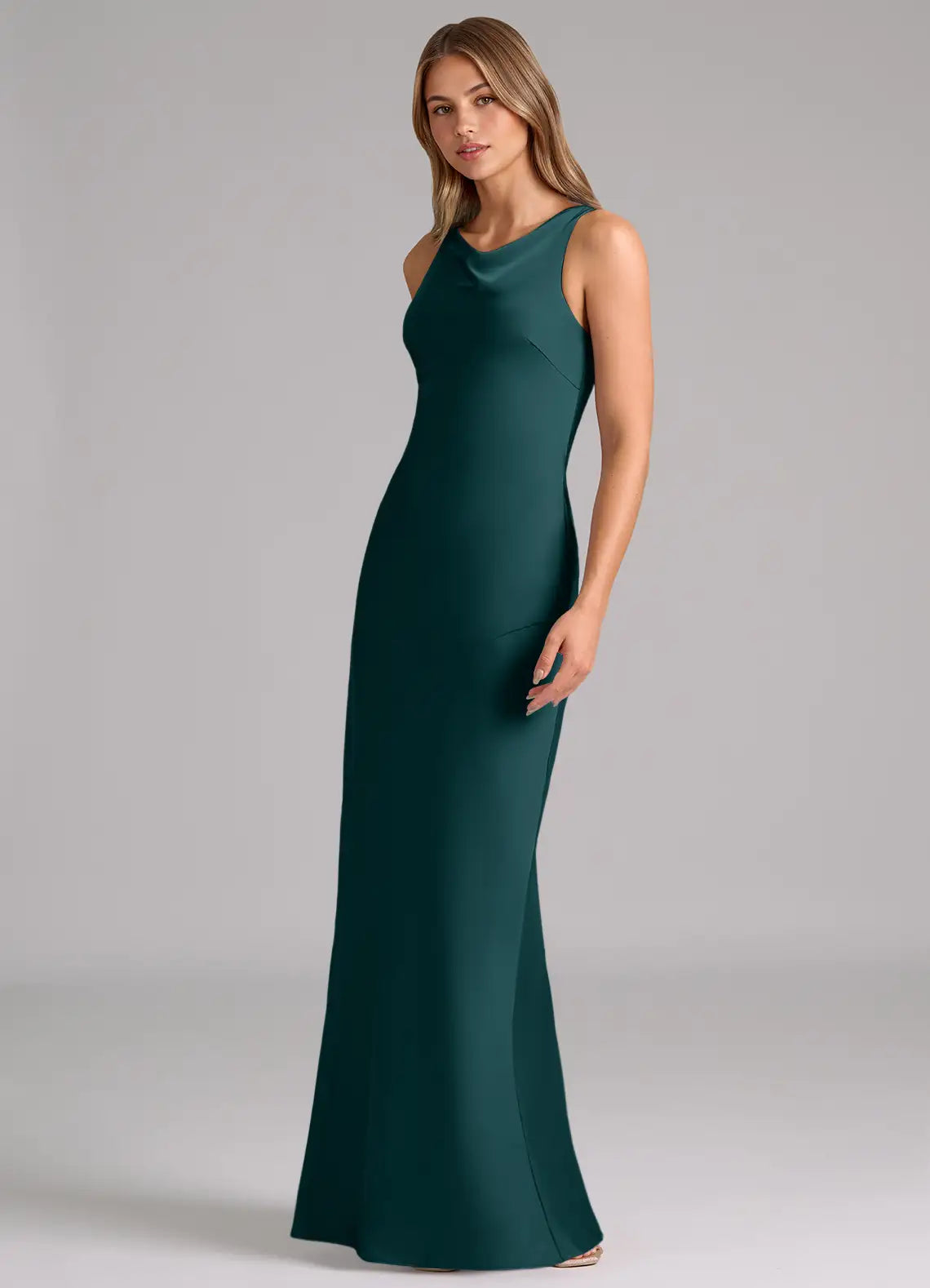 Emerald Sleeveless Cowl Neck Fitted Mermaid Maxi Satin Bridesmaid Dress