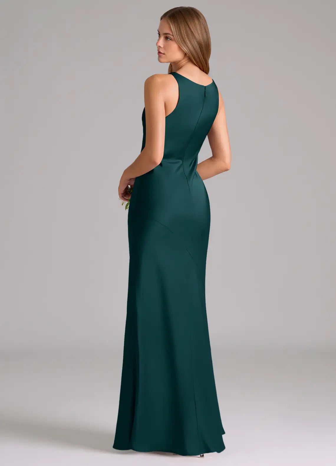 Emerald Sleeveless Cowl Neck Fitted Mermaid Maxi Satin Bridesmaid Dress