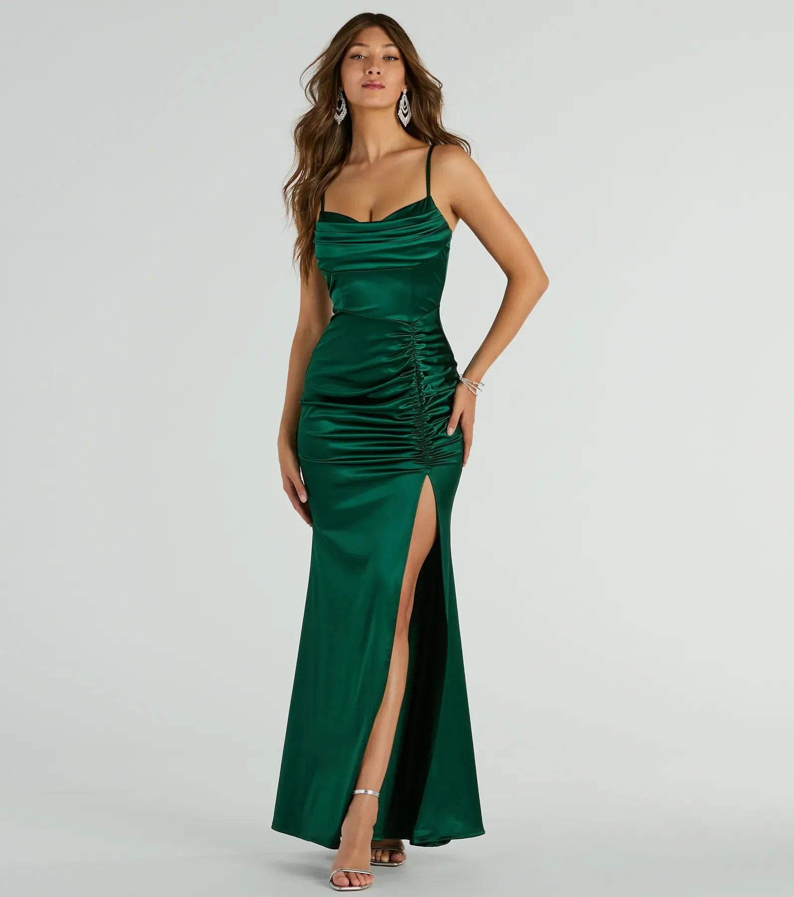 Emerald Spaghetti Strap Cowl Ruched High Slit Satin Mermaid Maxi Wedding Guest Dress