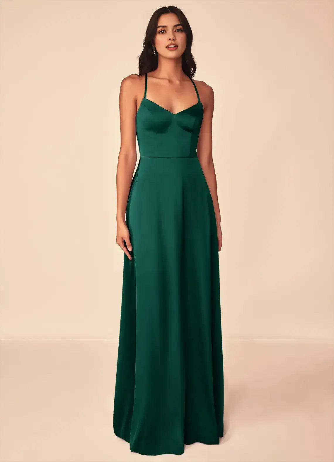 Emerald Spaghetti Strap Sweetheart Lace Up Back Floor Length A Line Satin Bridesmaid Dress