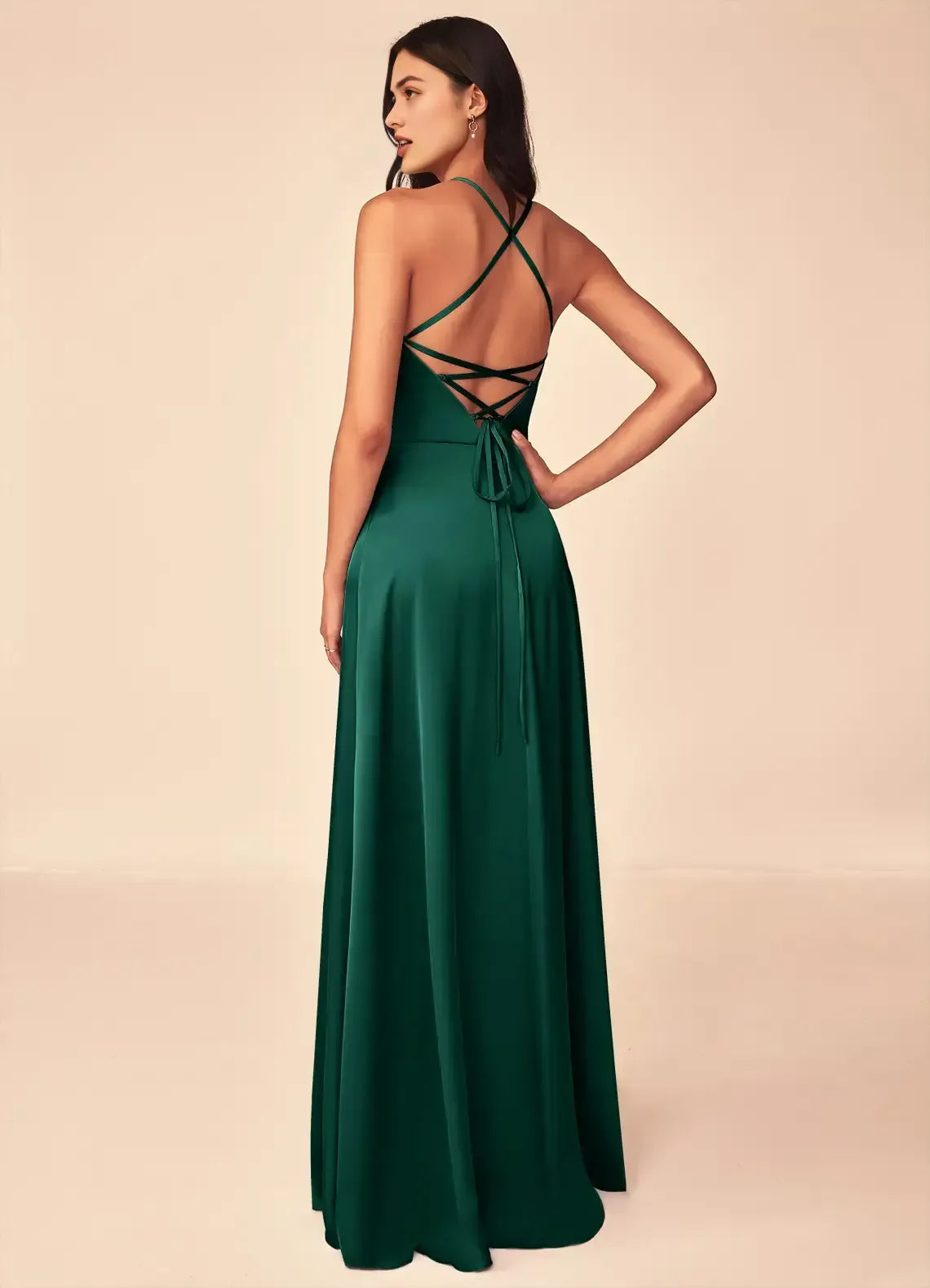 Emerald Spaghetti Strap Sweetheart Lace Up Back Floor Length A Line Satin Bridesmaid Dress