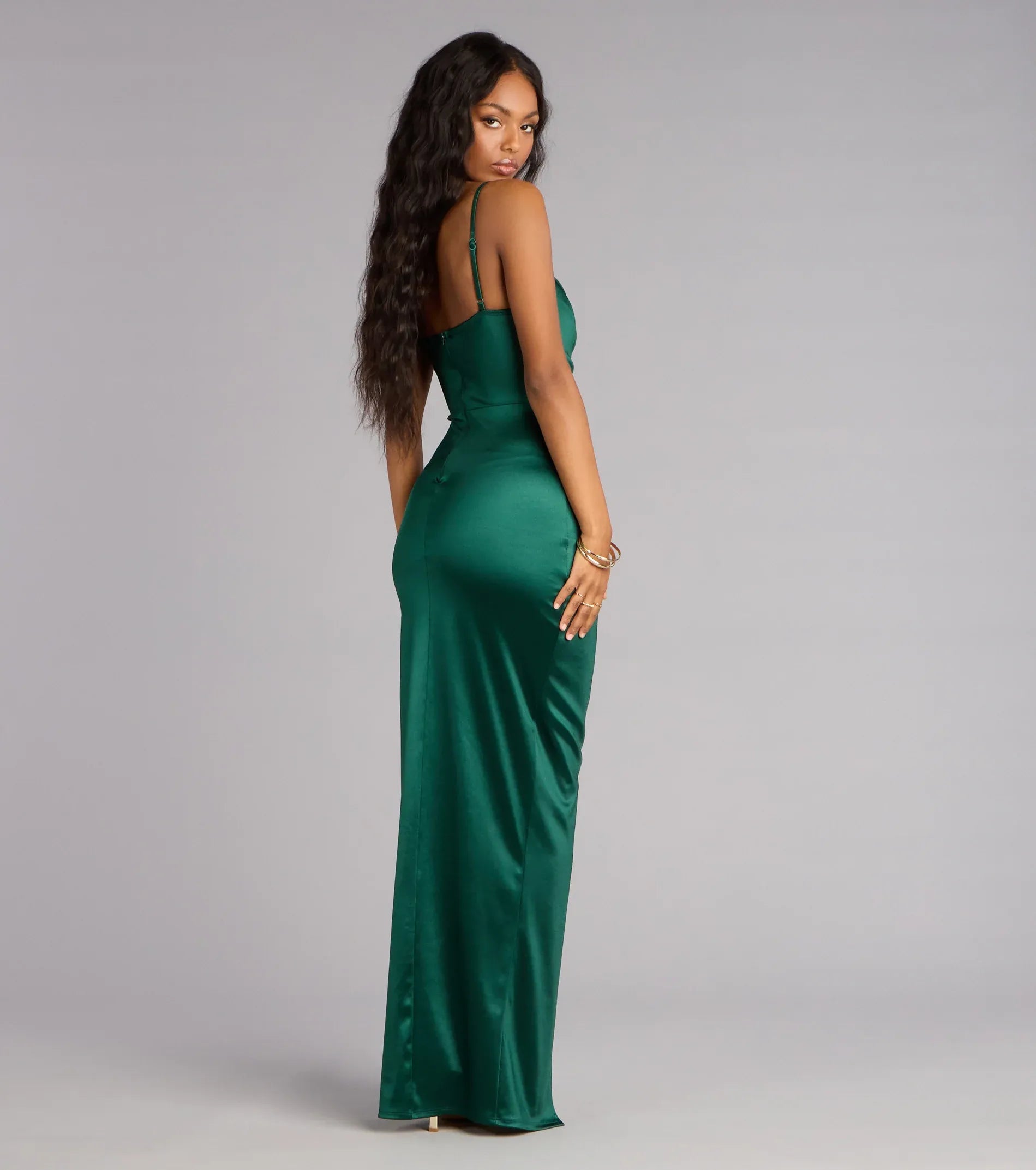 Emerald Spaghetti Strap Sweetheart Ruched High Slit Mermaid Maxi Wedding Guest Dress