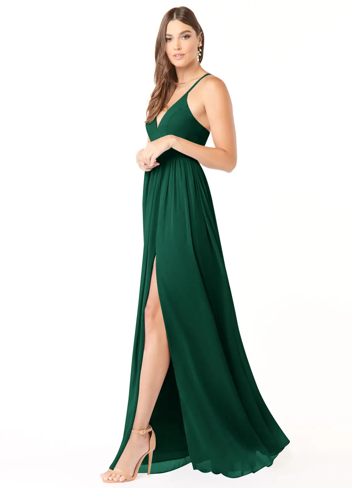 Emerald Spaghetti Strap V Neck Empire Waist Lace Up Back High Slit Maxi Chiffon Bridesmaid Dress