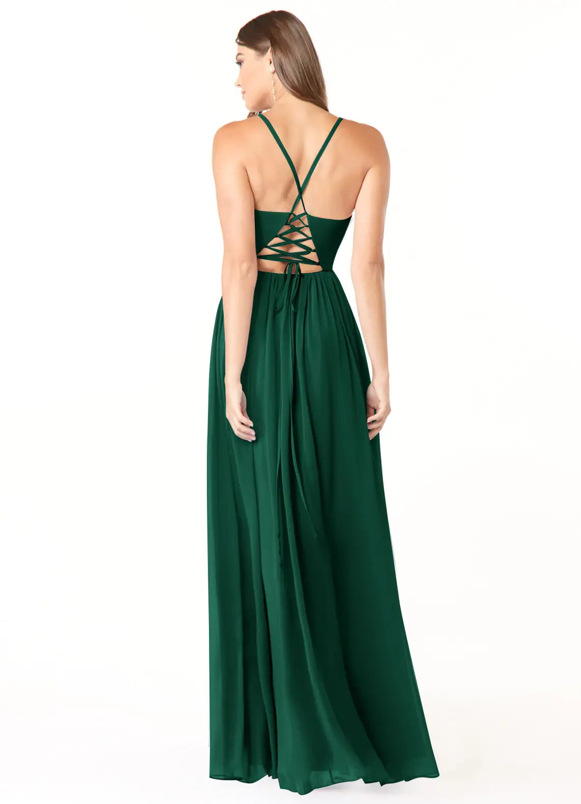 Emerald Spaghetti Strap V Neck Empire Waist Lace Up Back High Slit Maxi Chiffon Bridesmaid Dress