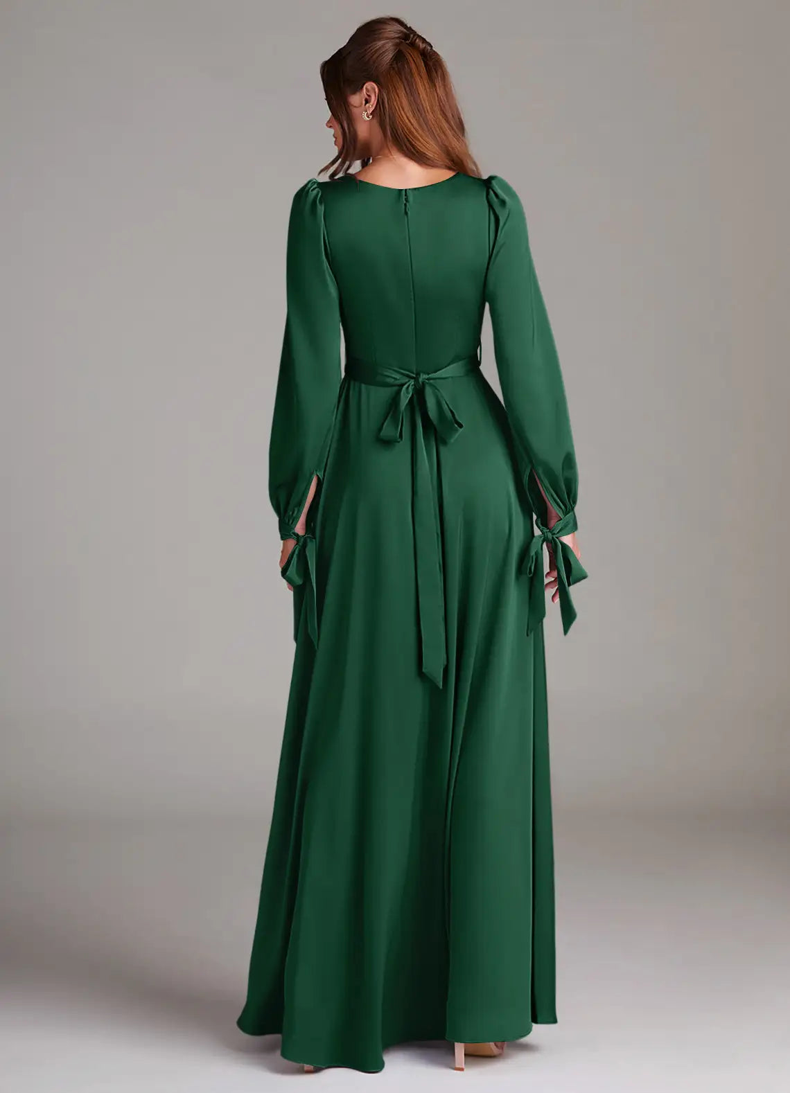 Emerald Square Neck Puff Long Sleeve Bow Belt High Slit A Line Satin Maxi Bridesmaid Dress