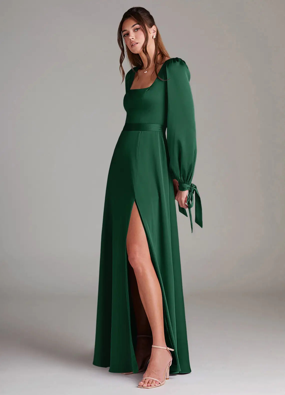 Emerald Square Neck Puff Long Sleeve Bow Belt High Slit A Line Satin Maxi Bridesmaid Dress