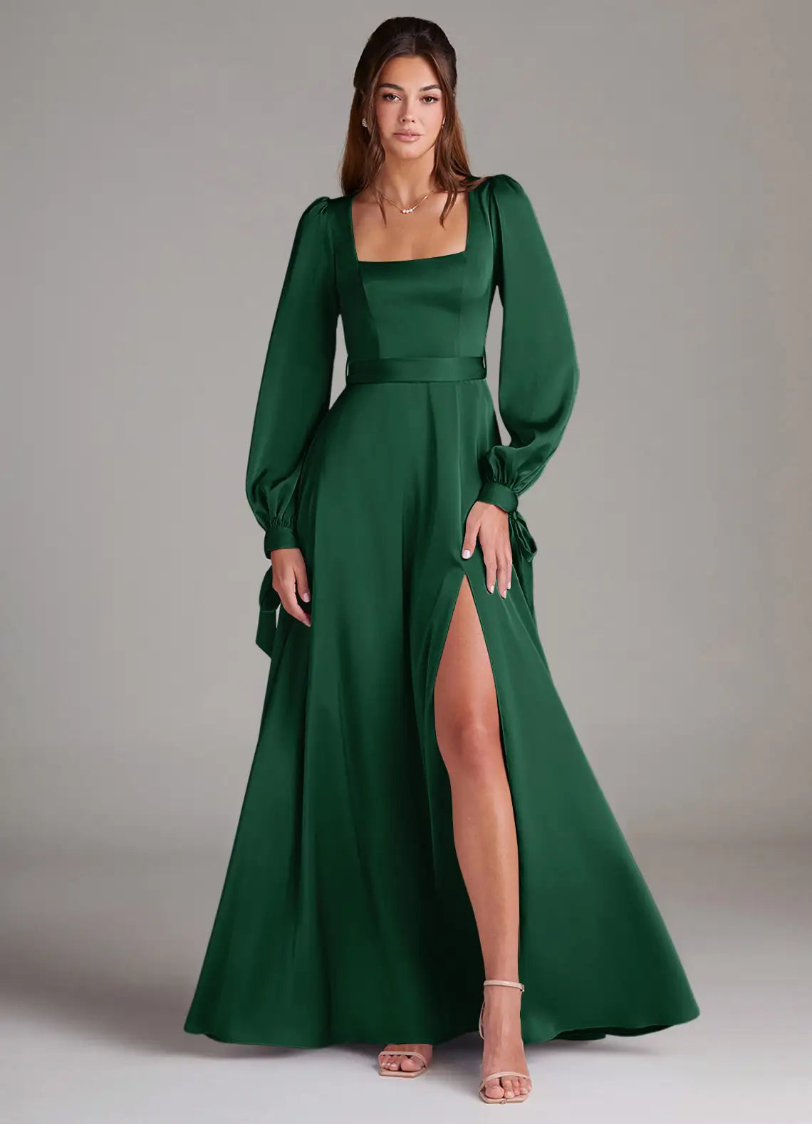 Emerald Square Neck Puff Long Sleeve Bow Belt High Slit A Line Satin Maxi Bridesmaid Dress