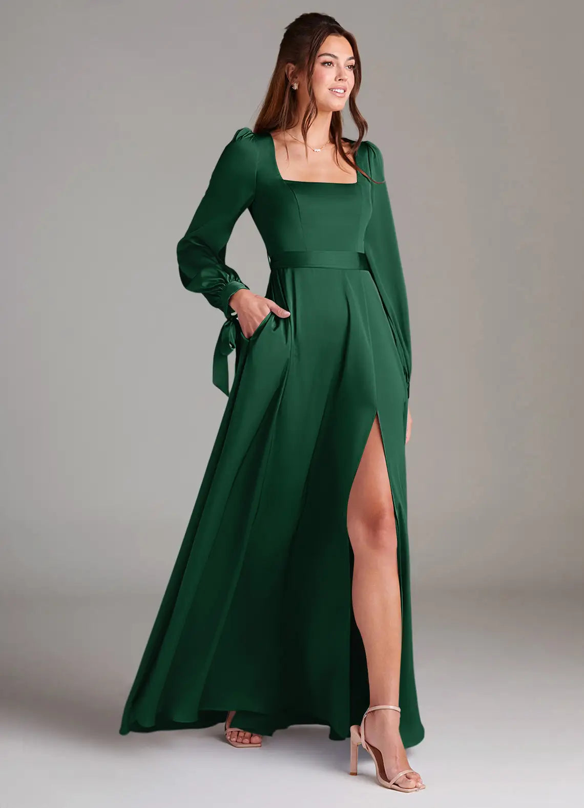 Emerald Square Neck Puff Long Sleeve Bow Belt High Slit A Line Satin Maxi Bridesmaid Dress