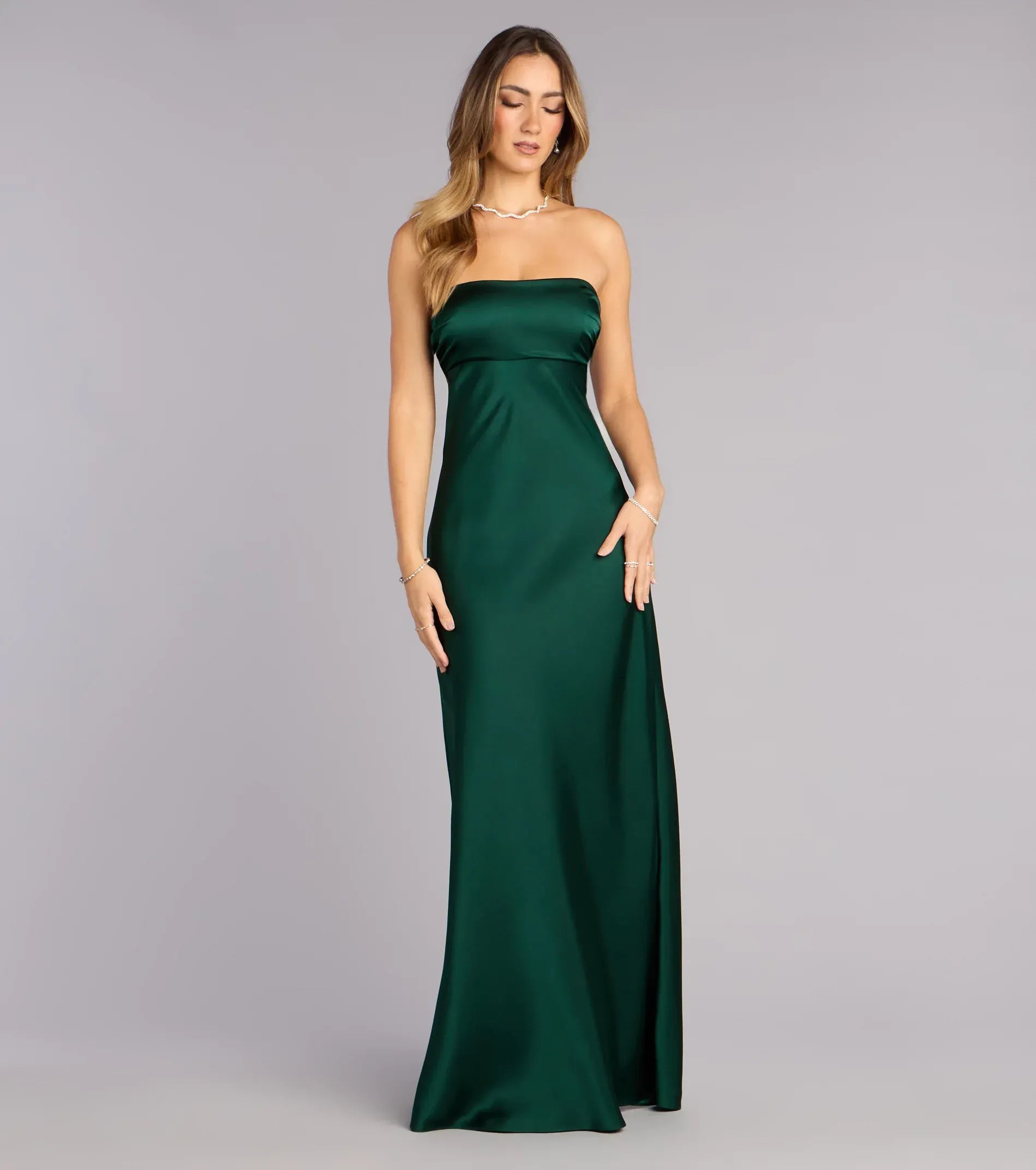 Emerald Strapless Bow Cutout Column Satin Maxi Wedding Guest Dresses