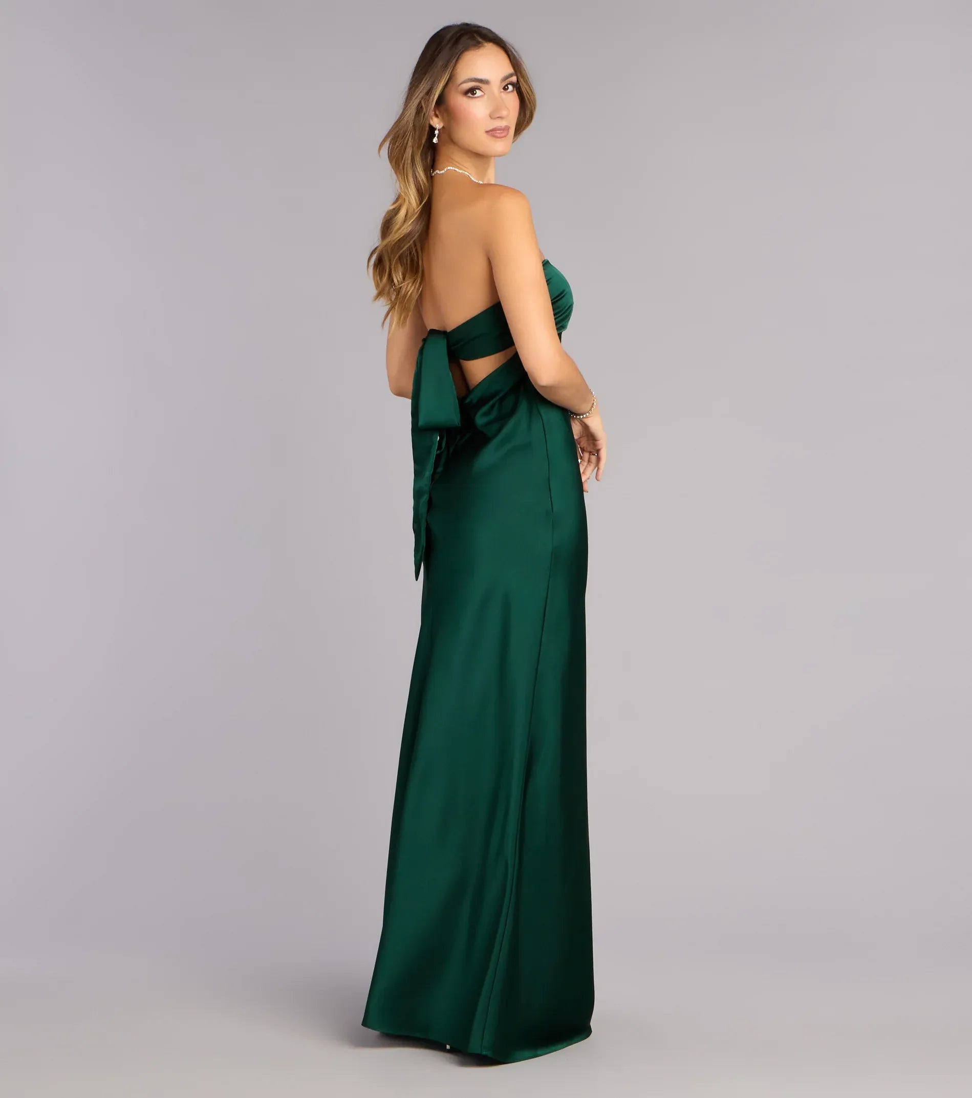Emerald Strapless Bow Cutout Column Satin Maxi Wedding Guest Dresses