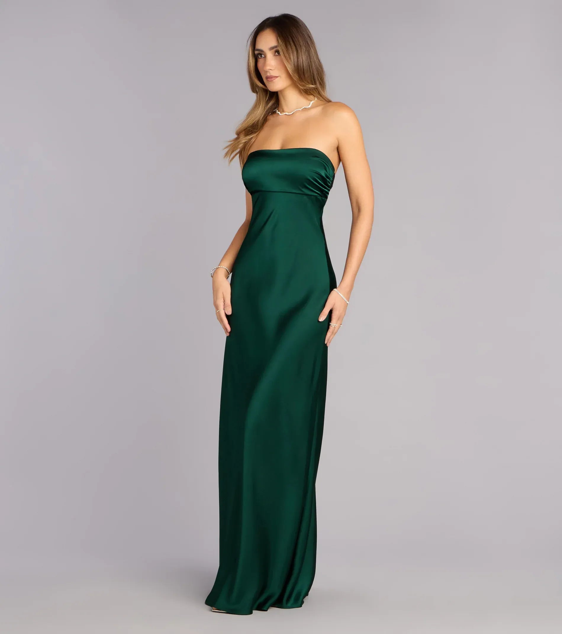 Emerald Strapless Bow Cutout Column Satin Maxi Wedding Guest Dresses