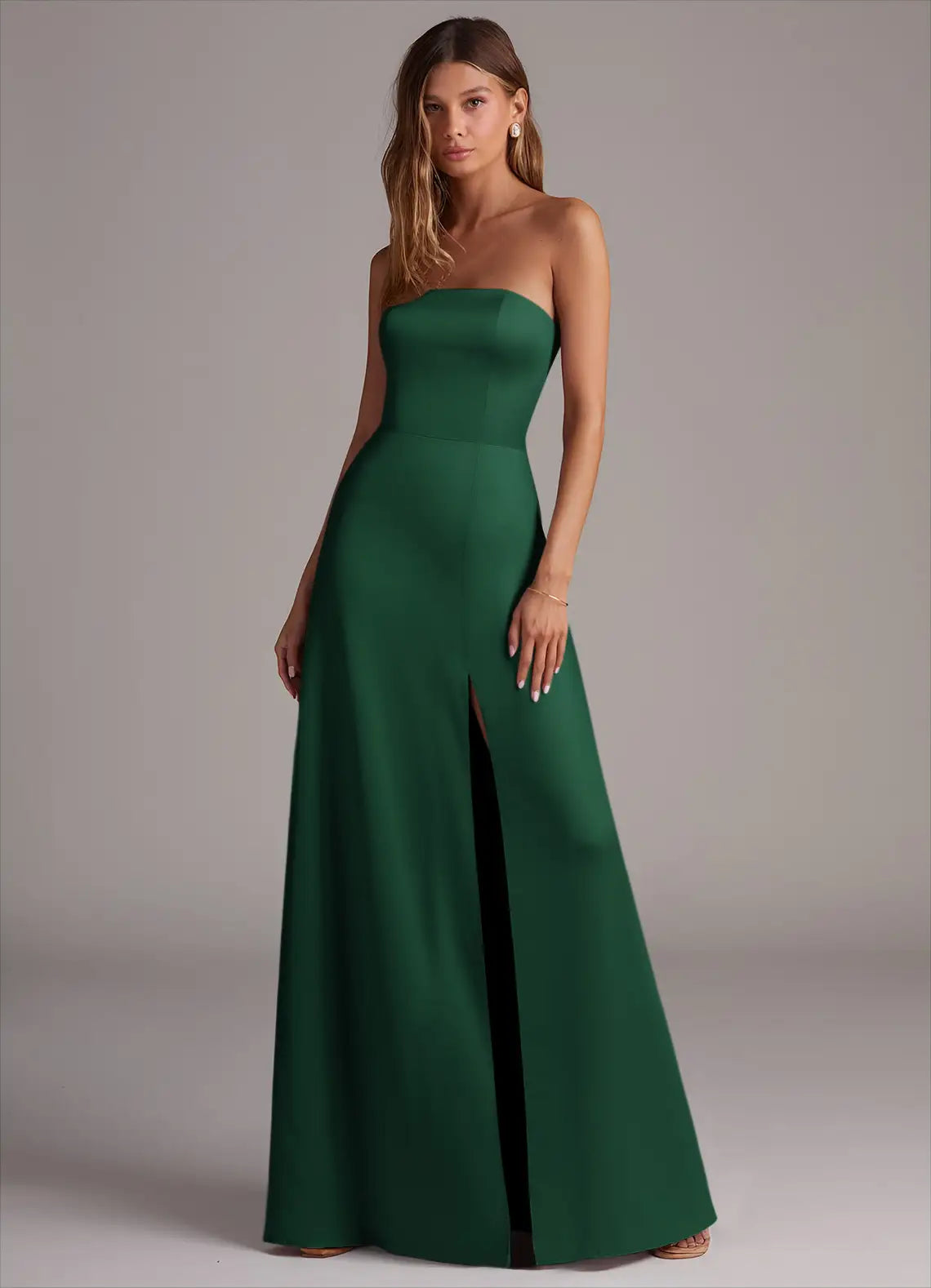 Emerald Strapless Straight Neck High Slit Mermaid Satin Maxi Bridesmaid Dress