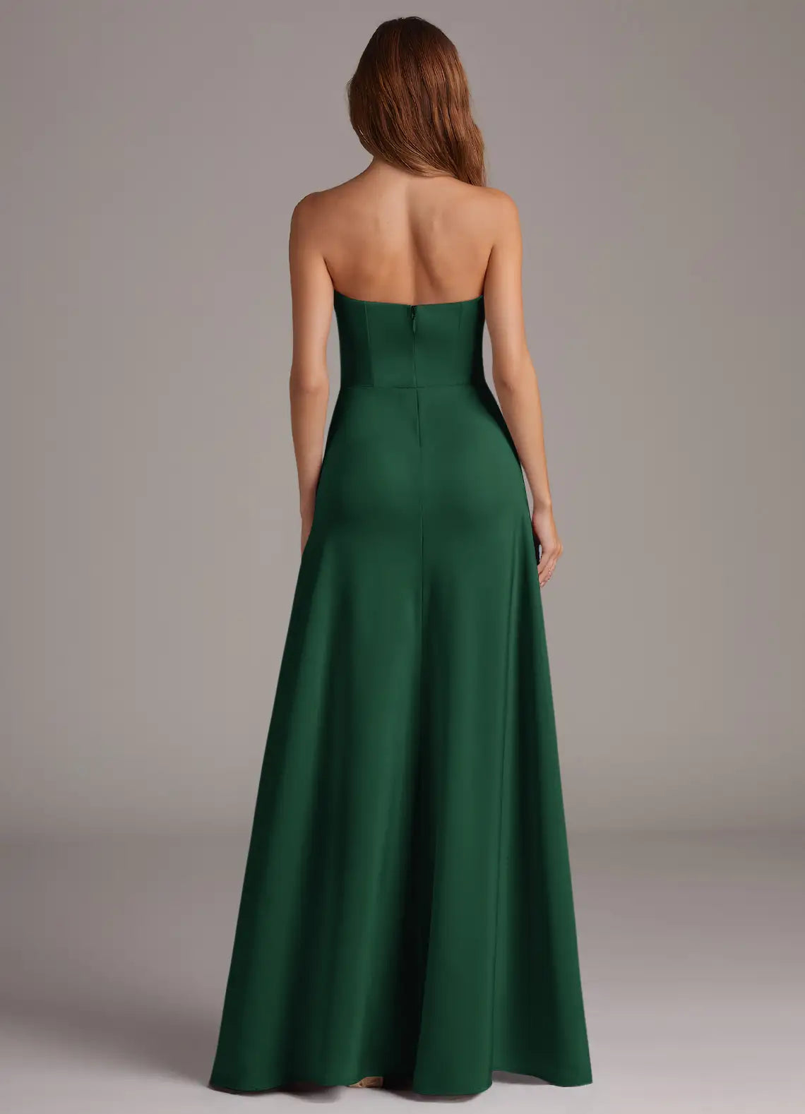 Emerald Strapless Straight Neck High Slit Mermaid Satin Maxi Bridesmaid Dress