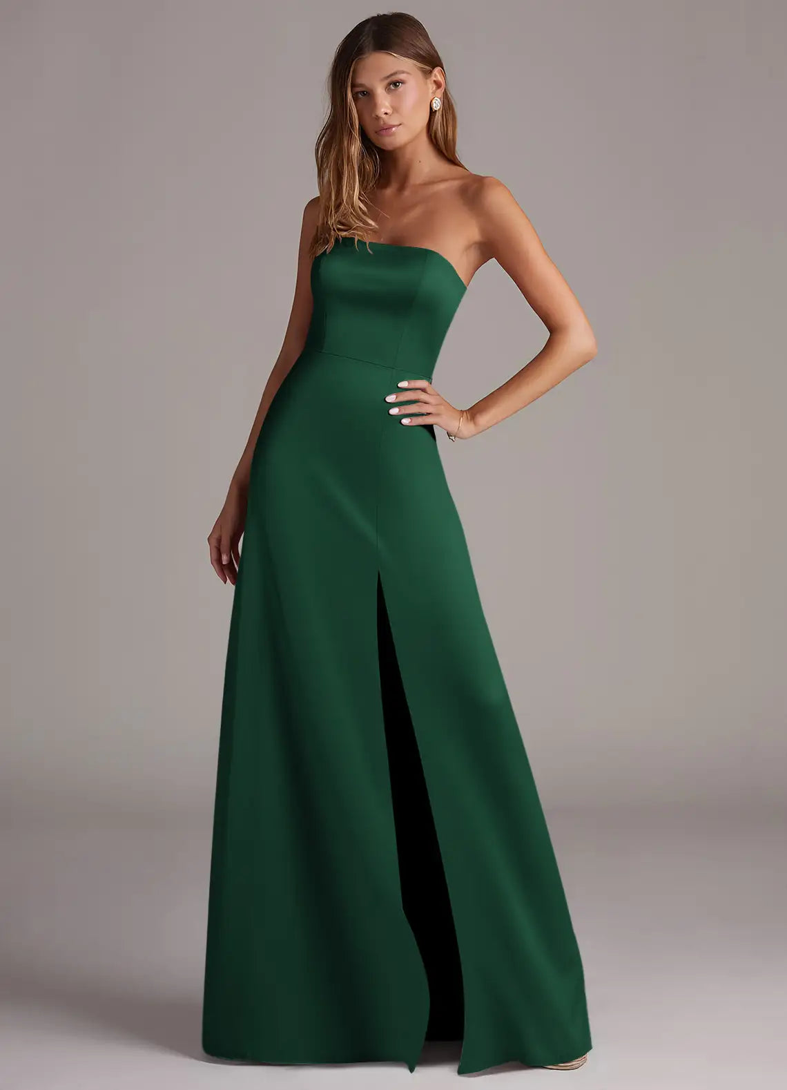 Emerald Strapless Straight Neck High Slit Mermaid Satin Maxi Bridesmaid Dress