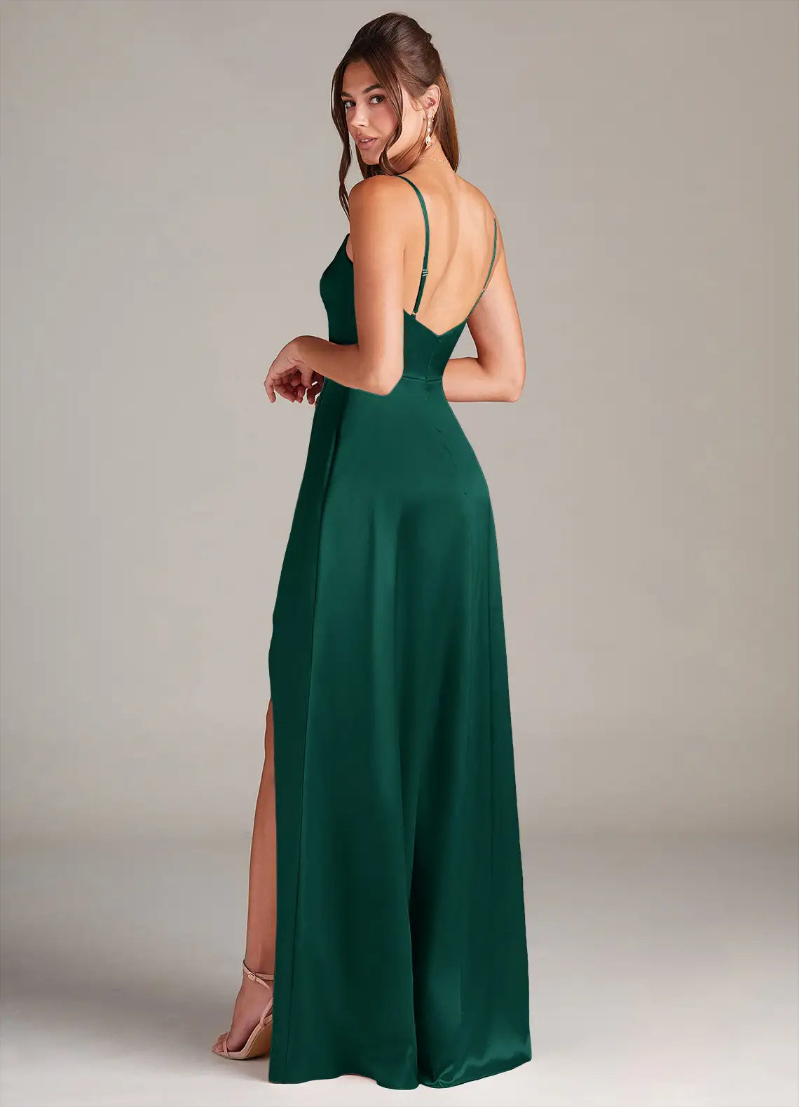 Emerald Thin Spaghetti Strap Cowl High Slit Mermaid Satin Maxi Bridesmaid Dress