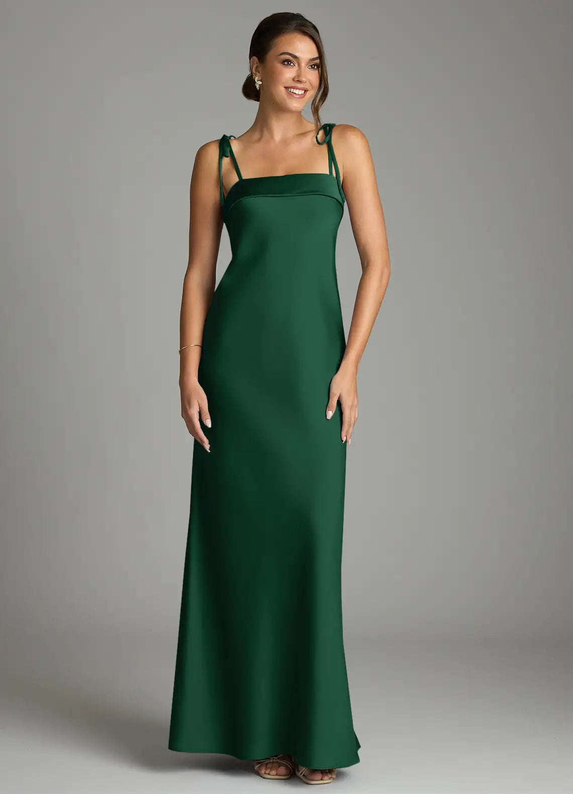 Emerald Thin Tie Strap Straight Mermaid Satin Maxi Bridesmaid Dress