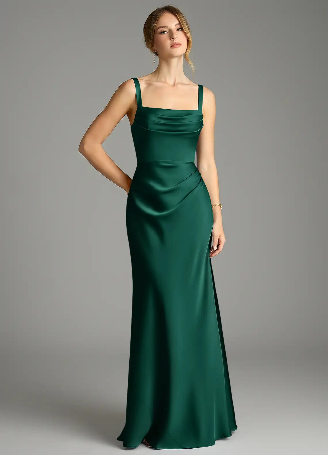 Emerald Wide Strap Square Neck Pleated Bust Ruched Mermaid Maxi Satin Bridesmaid Dress