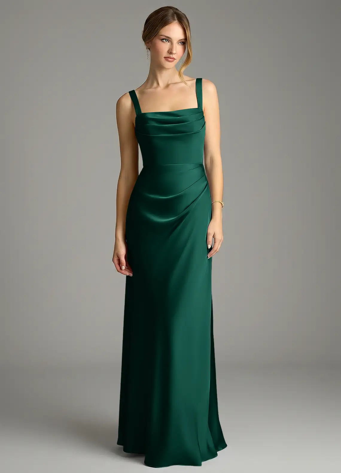 Emerald Wide Strap Square Neck Pleated Bust Ruched Mermaid Maxi Satin Bridesmaid Dress