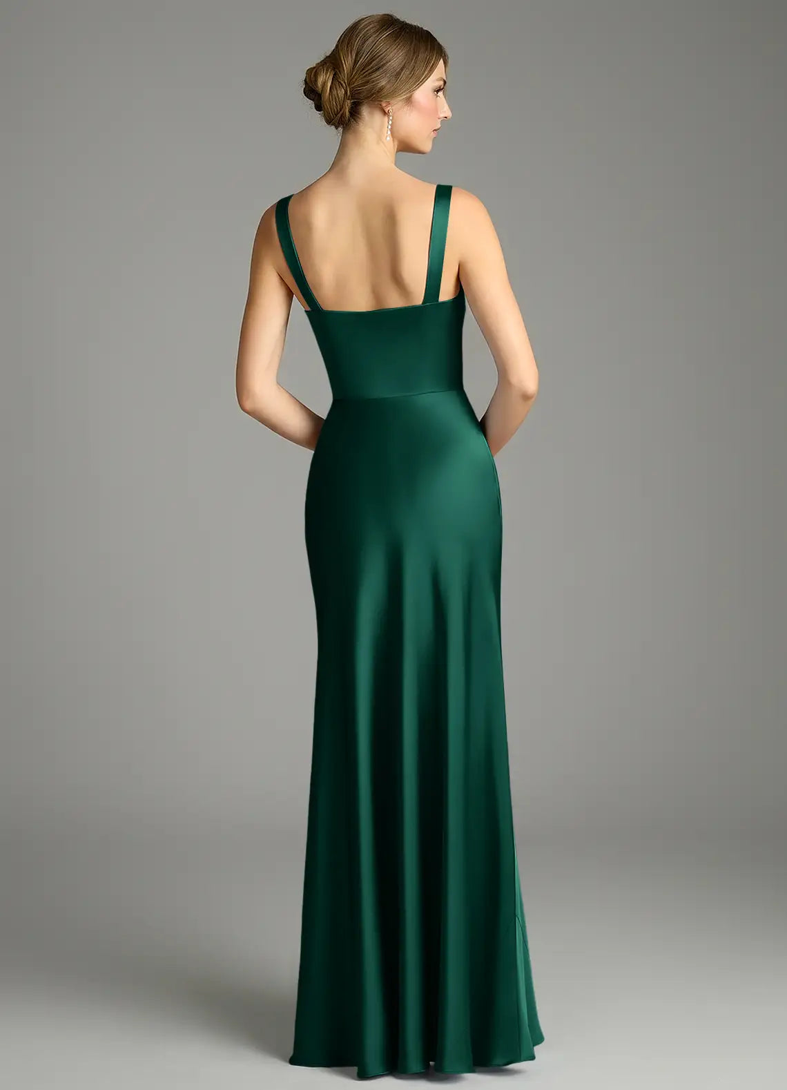 Emerald Wide Strap Square Neck Pleated Bust Ruched Mermaid Maxi Satin Bridesmaid Dress